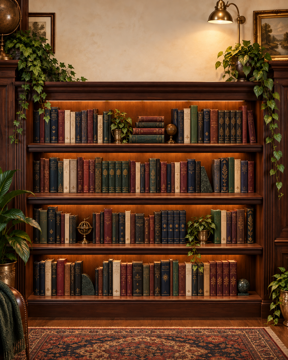 A warmly lit wooden bookshelf filled with an organized TBR Soon collection